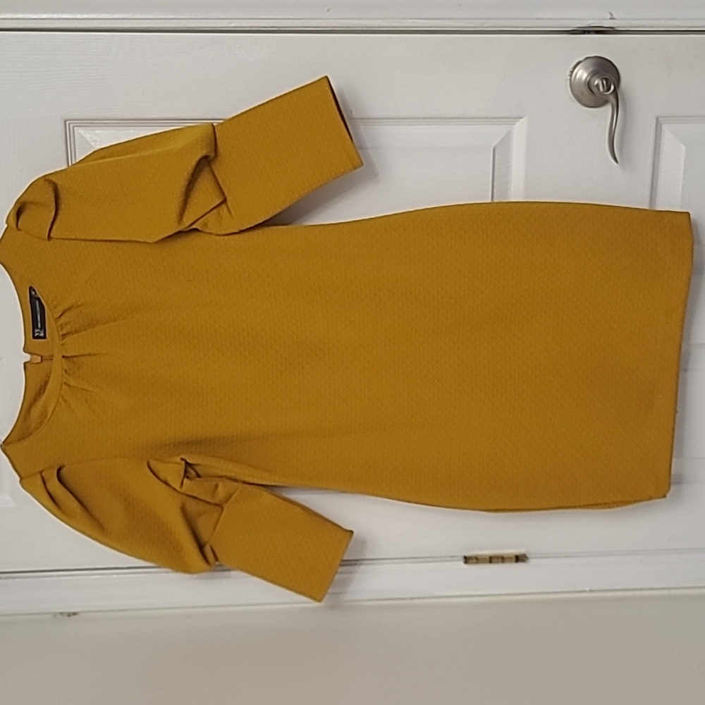 New York and Company Mustard Knee Length Dress with Puff Sleeve